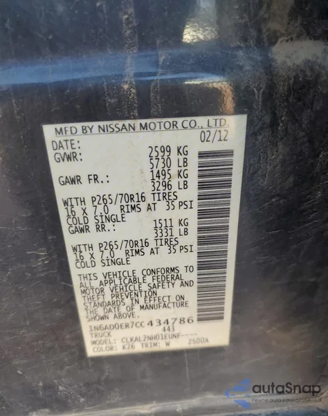 2012 Nissan Frontier S from USA, damaged, VIN 1N6AD0ER7CC434786